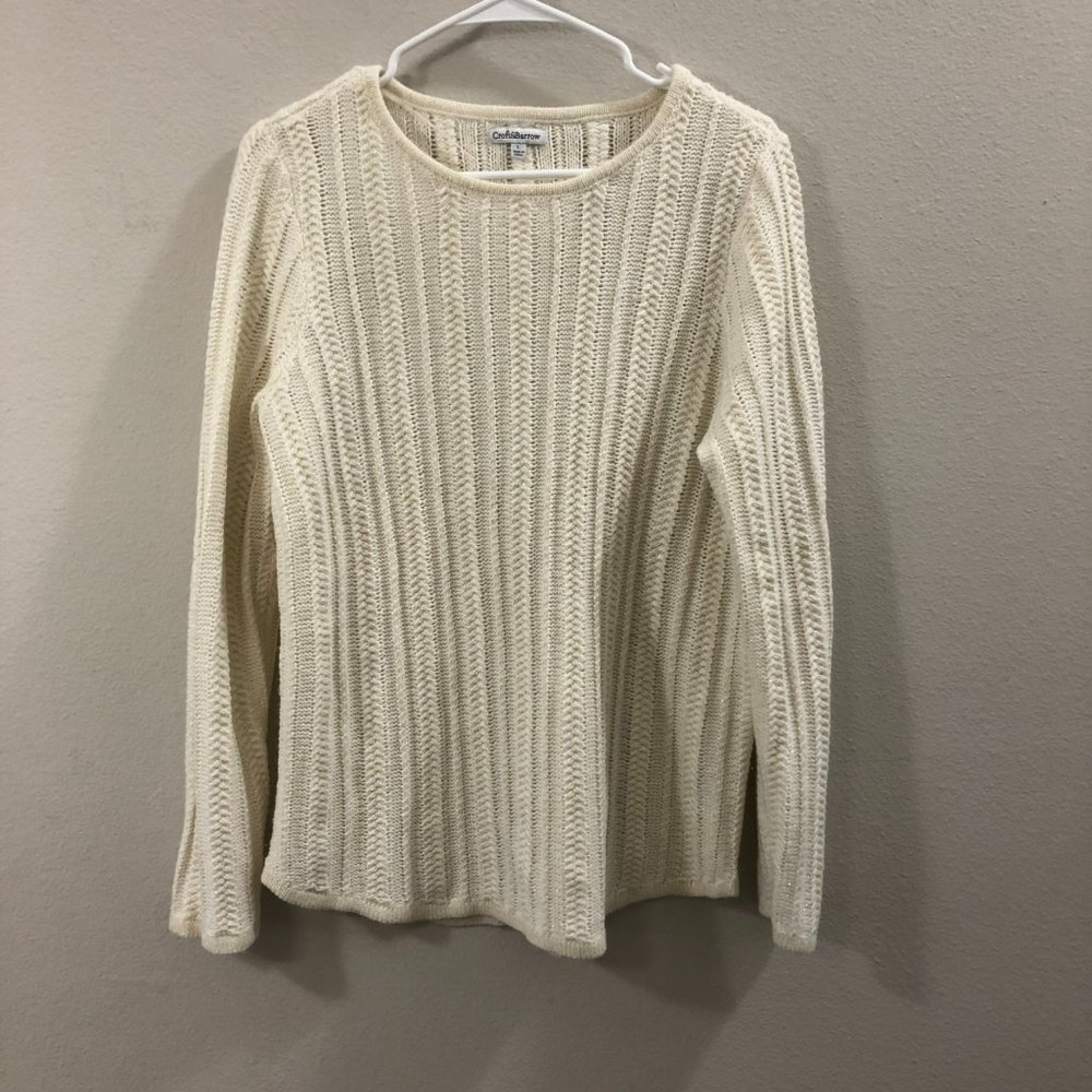 Croft & Borrow, Woman's Large, White Cable Knit Pull On Round Neck Sweater